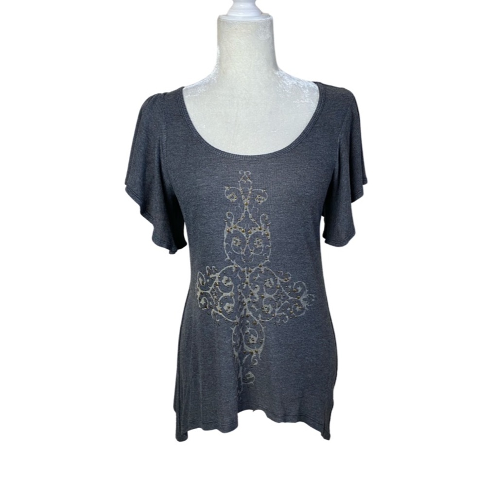 Boston Proper Gray Ribbed Short Flutter Sleeve Studded Asymmetrical Hem TopSmall